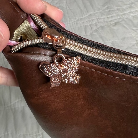 Brown hand made purse rose gold butterfly zipper pull inside pocket - Picture 3 of 11